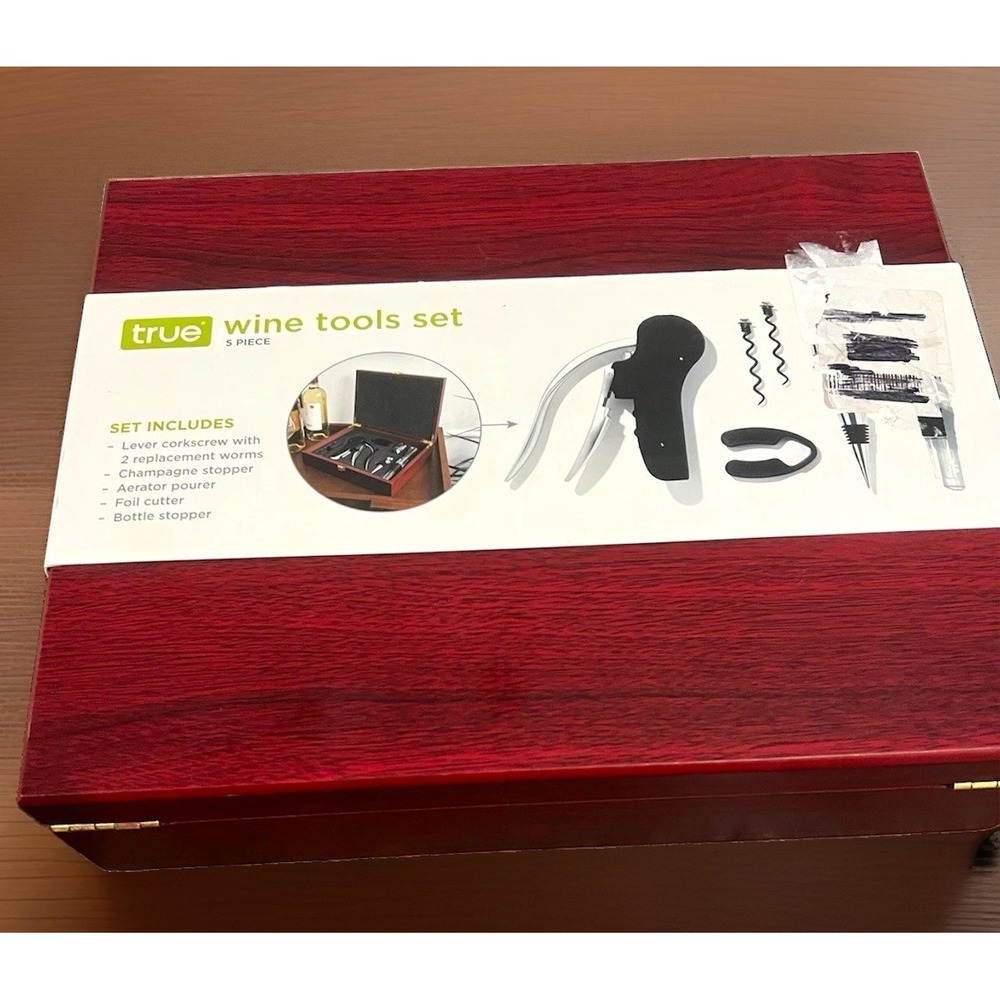 New True 5pc Wine Tools Set w/ Wooden Case Corkscrew Pourer Foil Cutter Stoppers